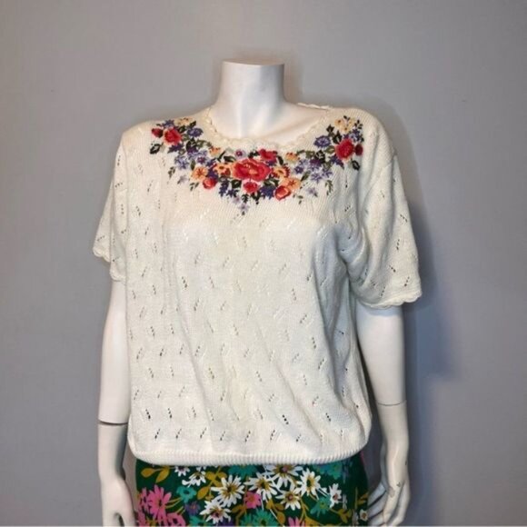 Vintage Short Sleeve Lightweight Hand Embroidered Open Knitted Sweater Size L - Picture 8 of 10